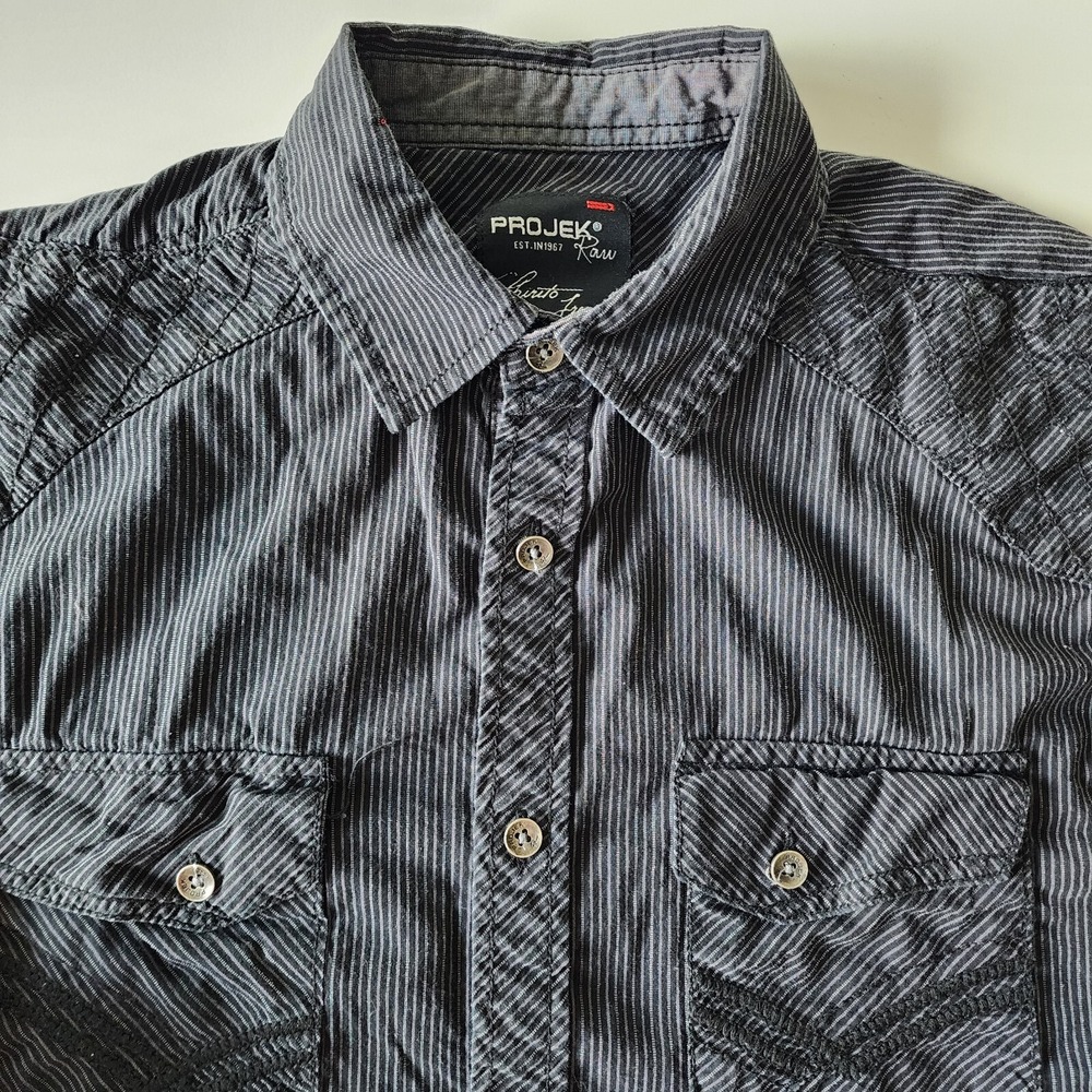 PROJEK RAW Shirt Mens Medium Long Sleeve Black Pin‎ Stripe Embroidery Pockets